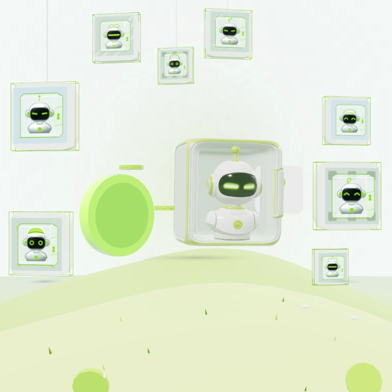 Clear glass locker with lime edges holding a white ceramic robot, a frosted keyhole door on its right side.